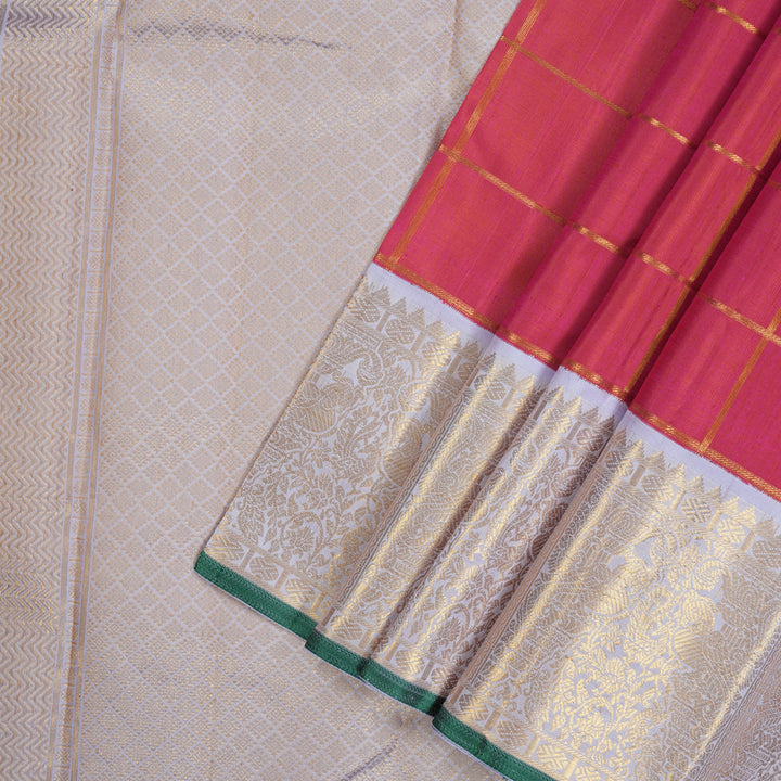 Hayagrivas Handloom Orangish-Pink Kanjivaram Silk Saree with Lilac Border KBE2369B3-1