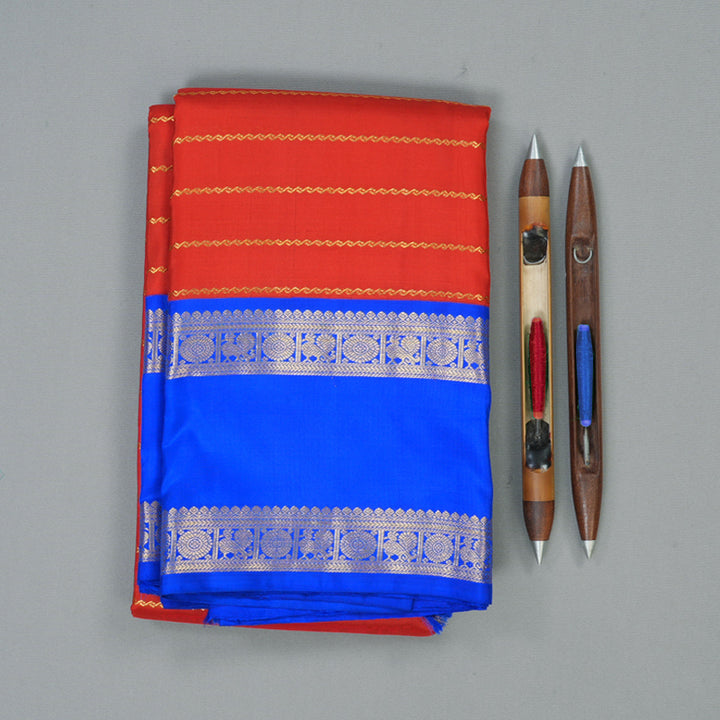 Hayagrivas Handloom Red Kanjivaram Silk Saree with MS Blue Border KBE2373B1-1