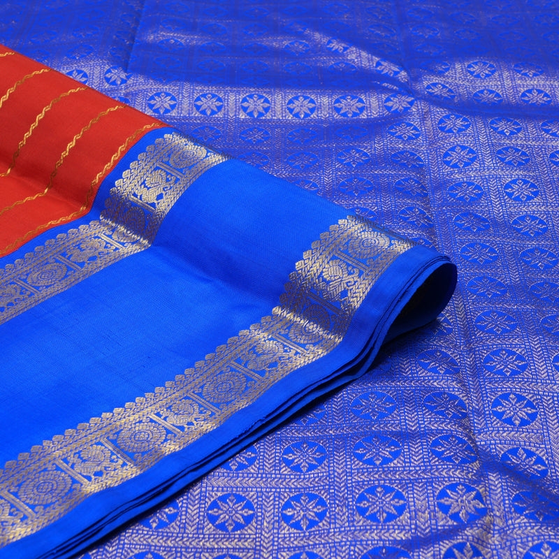 Hayagrivas Handloom Red Kanjivaram Silk Saree with MS Blue Border KBE2373B1-1