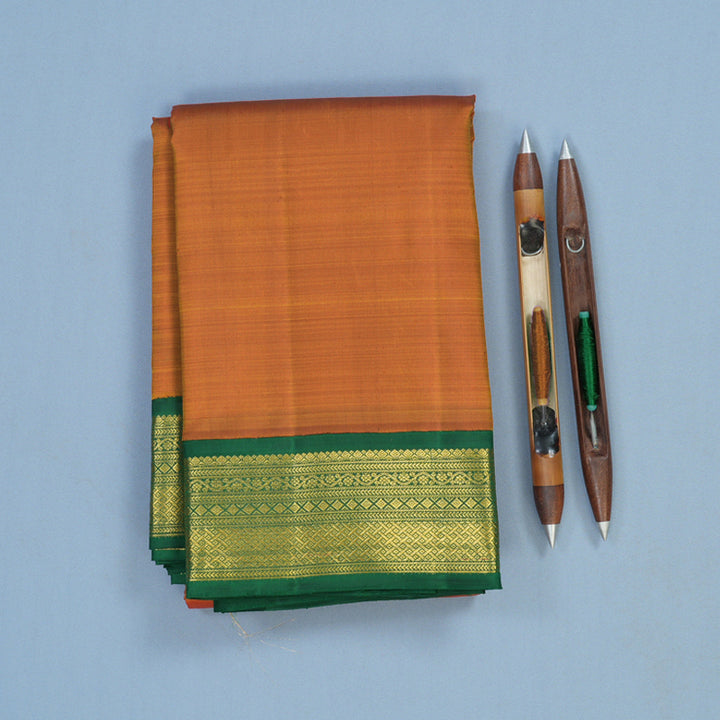 Hayagrivas Handloom Sunset Orange Kanjivaram Silk Saree with Dark Green Border KBE2377B4-2