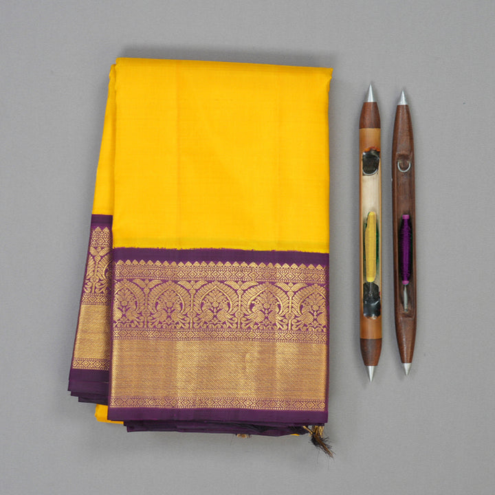 Hayagrivas Handloom Yellow Kanjivaram Silk Saree with Violet Border KBE2377B6-2