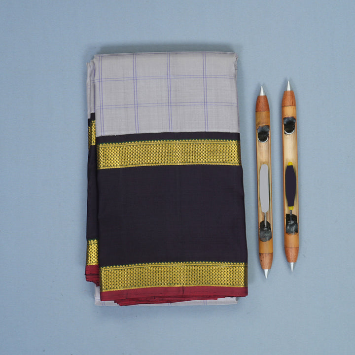 Hayagrivas Handloom Light Grey Kanjivaram Silk Saree with Deep Jamun Border KBE2384B3-1