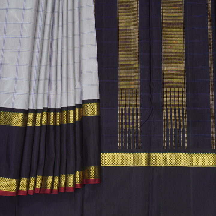 Hayagrivas Handloom Light Grey Kanjivaram Silk Saree with Deep Jamun Border KBE2384B3-1
