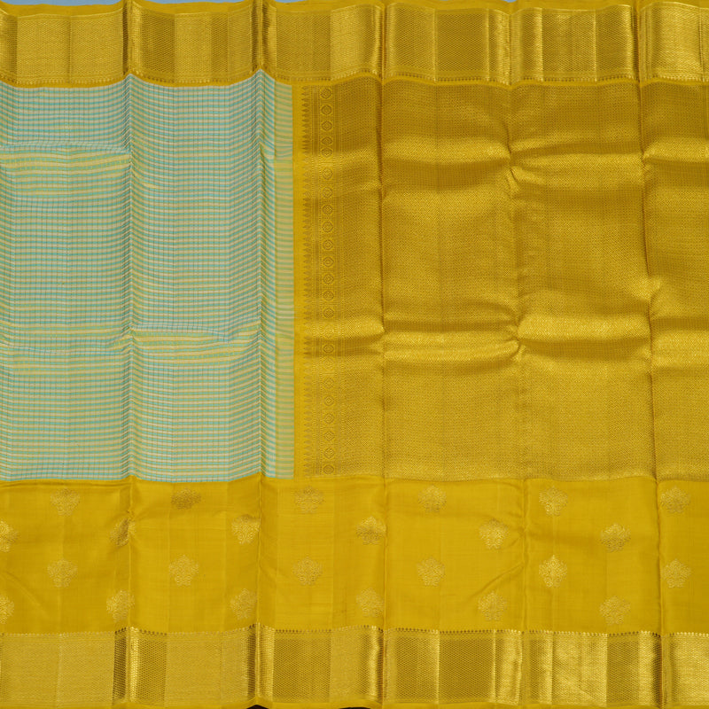 Hayagrivas Handloom Cream & Sky Blue Checks Kanjivaram Silk Saree with Sampanga Yellow Border KBE2385B27-1