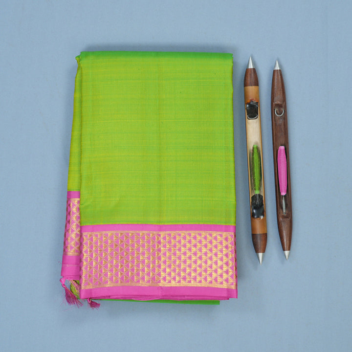 Hayagrivas Handloom Fluorescent Green Kanjivaram Silk Saree with Rose Pink Border KBE2386B1-2