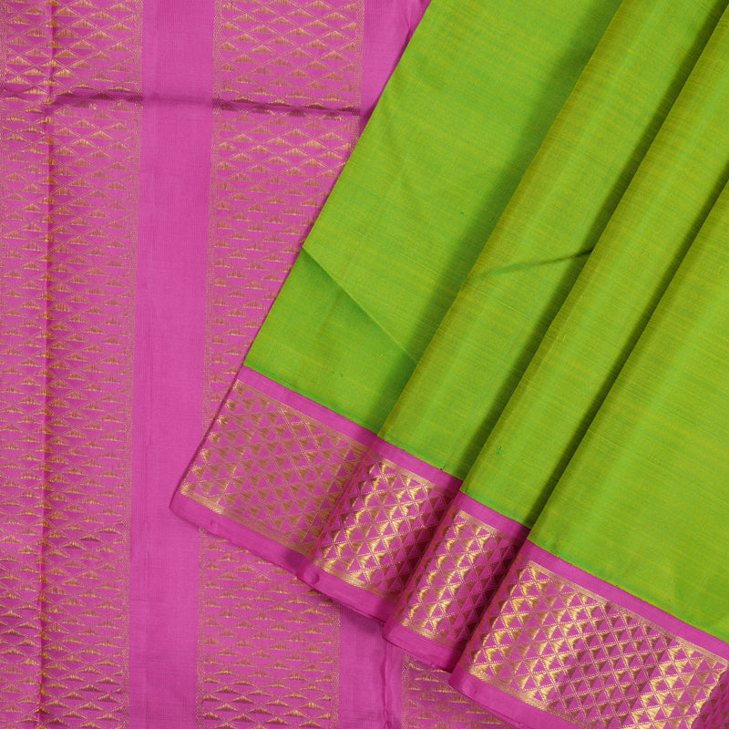 Hayagrivas Handloom Fluorescent Green Kanjivaram Silk Saree with Rose Pink Border KBE2386B1-2