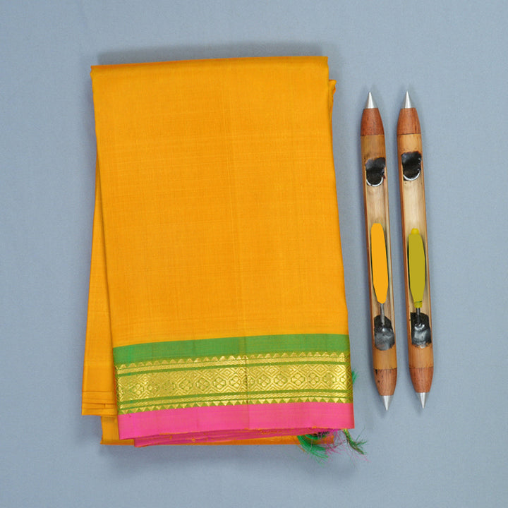 Hayagrivas Turmeric Yellow Pure One-sided border Kanjivaram Silk Saree KBE2393C2-3