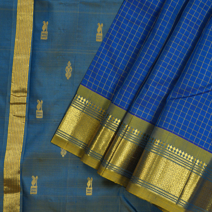Hayagrivas Peacock Blue Pure One-sided border Kanjivaram Silk Saree KBE2393C5-2