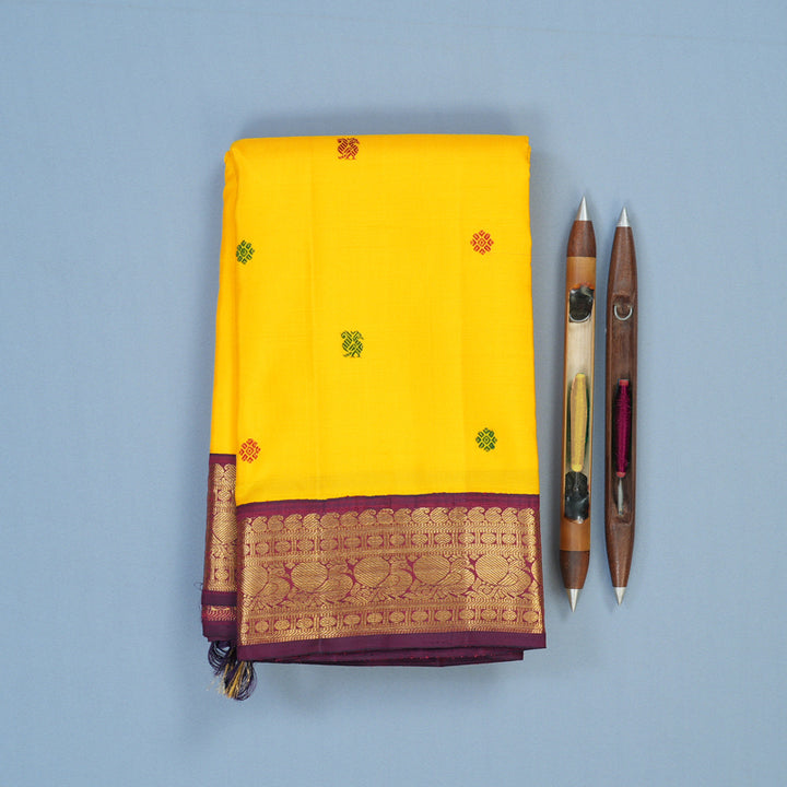 Hayagrivas Handloom Yellow Kanjivaram Silk Saree with Wine Purple Border KBE2396C3-1