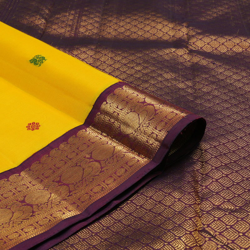 Hayagrivas Handloom Yellow Kanjivaram Silk Saree with Wine Purple Border KBE2396C3-1