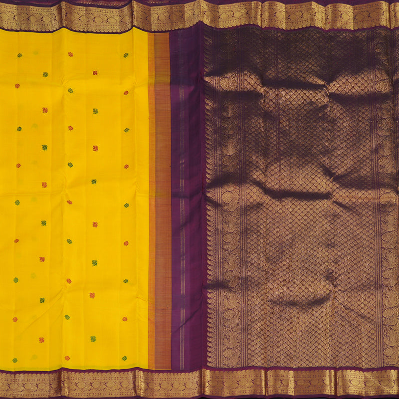 Hayagrivas Handloom Yellow Kanjivaram Silk Saree with Wine Purple Border KBE2396C3-1