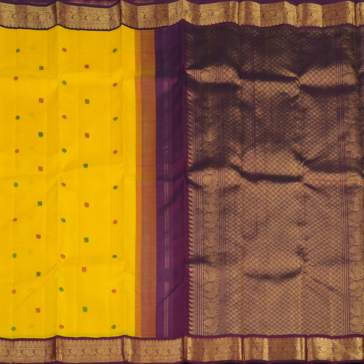 Hayagrivas Handloom Yellow Kanjivaram Silk Saree with Wine Purple Border KBE2396C3-1