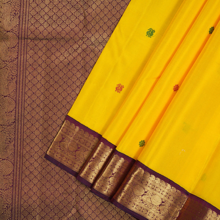 Hayagrivas Handloom Yellow Kanjivaram Silk Saree with Wine Purple Border KBE2396C3-1