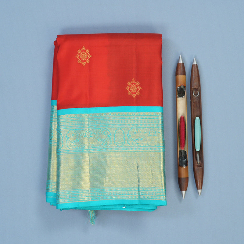 Hayagrivas Handloom Red Kanjivaram Silk Saree with Sky Blue Border KBE2399C1-1