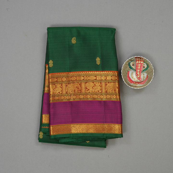 Hayagrivas Handloom Bottle Green Kanjivaram Silk Saree with Wine Purple & Rust Orange Border KBE23D10-1