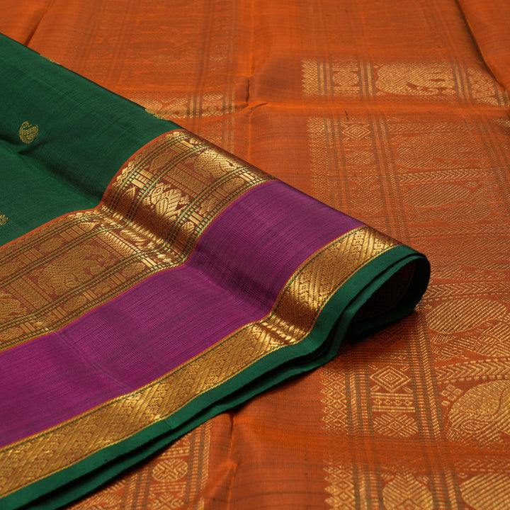 Hayagrivas Handloom Bottle Green Kanjivaram Silk Saree with Wine Purple & Rust Orange Border KBE23D10-1