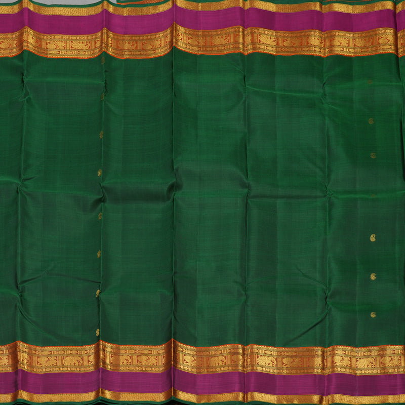 Hayagrivas Handloom Bottle Green Kanjivaram Silk Saree with Wine Purple & Rust Orange Border KBE23D10-1