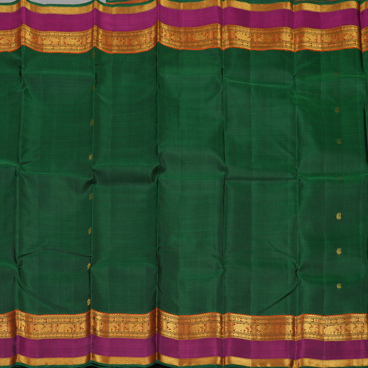 Hayagrivas Handloom Bottle Green Kanjivaram Silk Saree with Wine Purple & Rust Orange Border KBE23D10-1