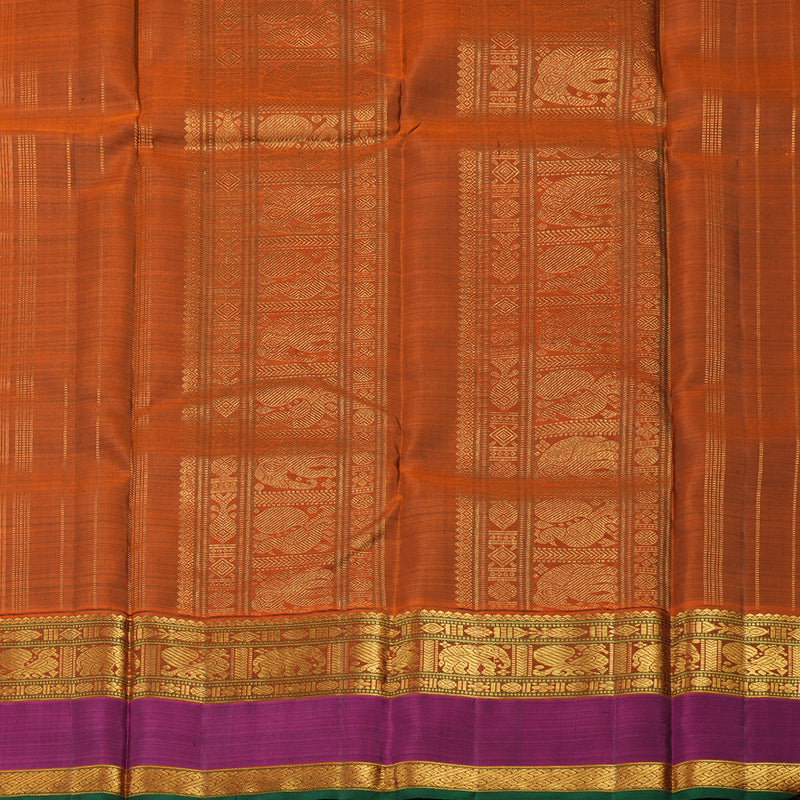Hayagrivas Handloom Bottle Green Kanjivaram Silk Saree with Wine Purple & Rust Orange Border KBE23D10-1