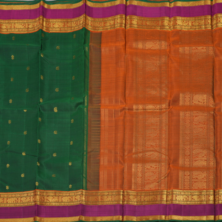 Hayagrivas Handloom Bottle Green Kanjivaram Silk Saree with Wine Purple & Rust Orange Border KBE23D10-1