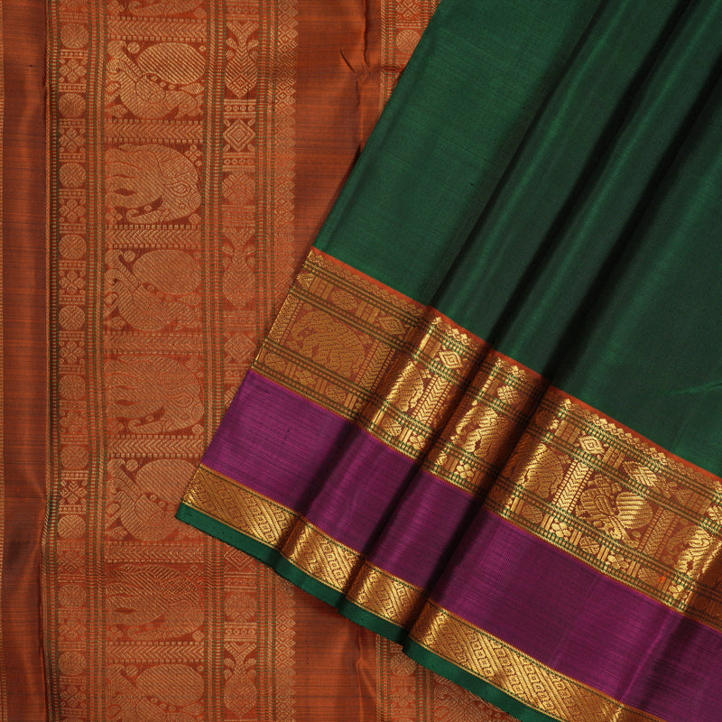 Hayagrivas Handloom Bottle Green Kanjivaram Silk Saree with Wine Purple & Rust Orange Border KBE23D10-1