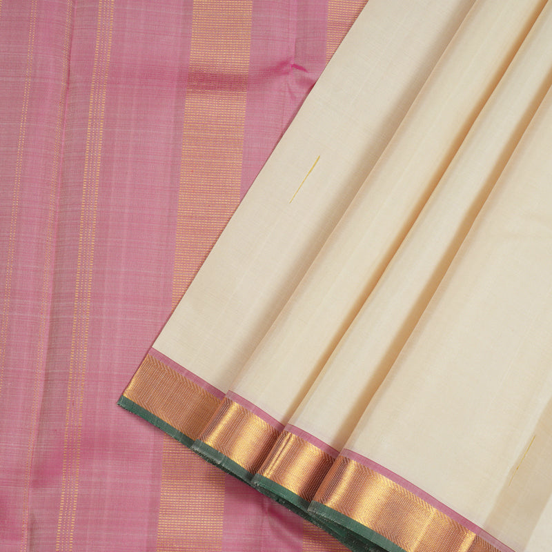 Hayagrivas Half White Handloom Kanjivaram Silk Saree with Onion Pink Border KBE23D2-6