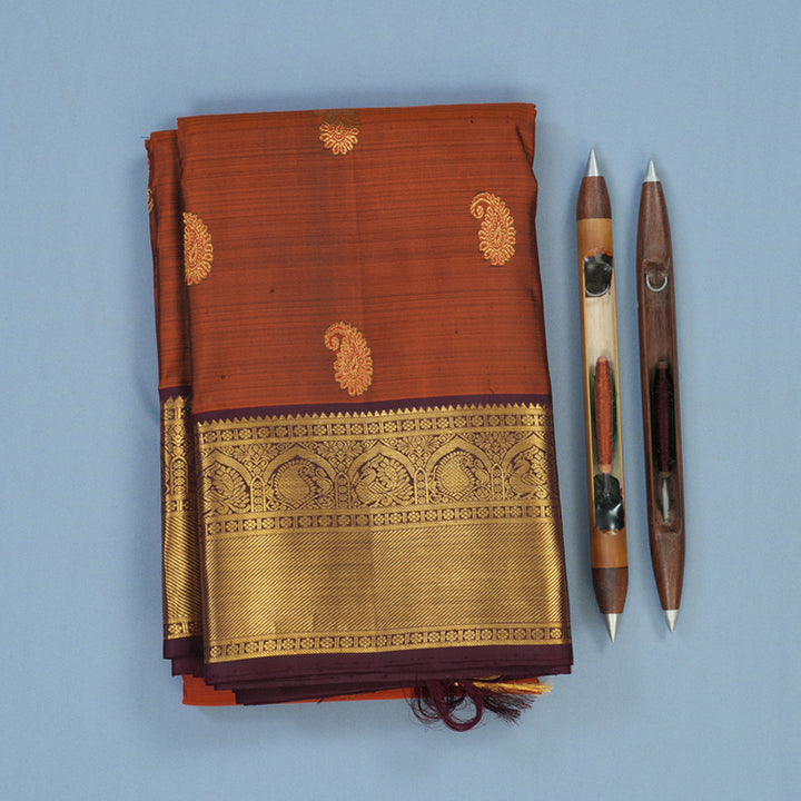 Hayagrivas Handloom Rust Orange Kanjivaram Silk Saree with Deep Plum Border KBE2413C2-1