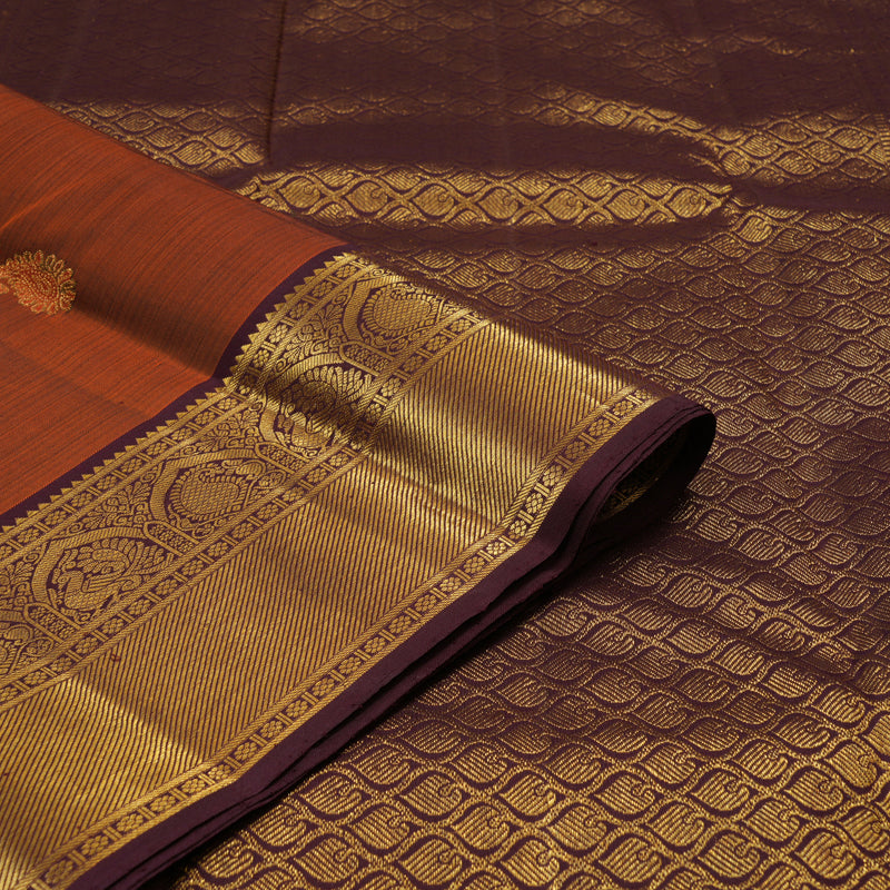 Hayagrivas Handloom Rust Orange Kanjivaram Silk Saree with Deep Plum Border KBE2413C2-1