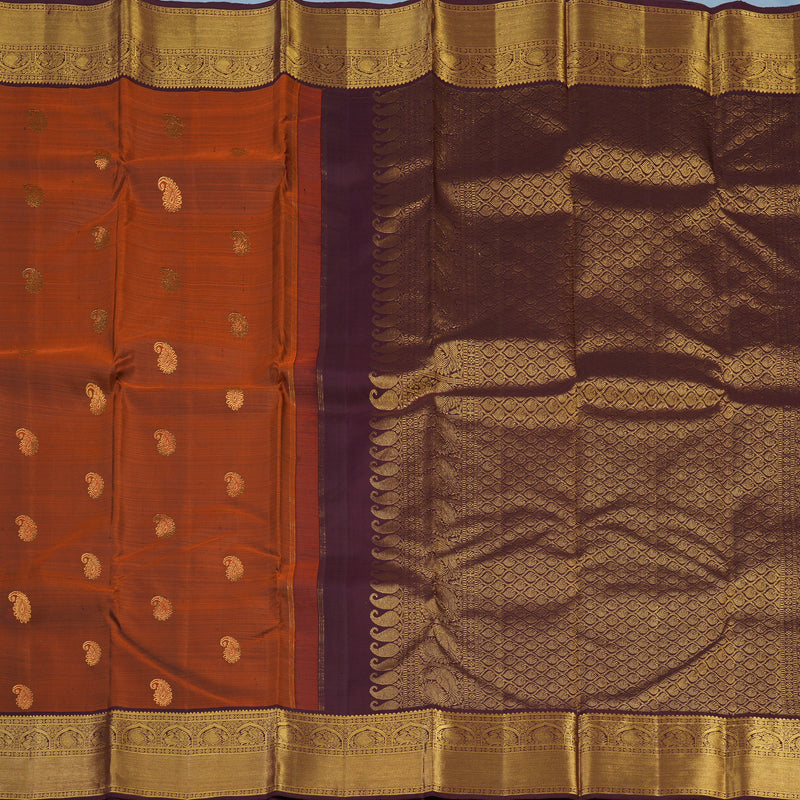 Hayagrivas Handloom Rust Orange Kanjivaram Silk Saree with Deep Plum Border KBE2413C2-1