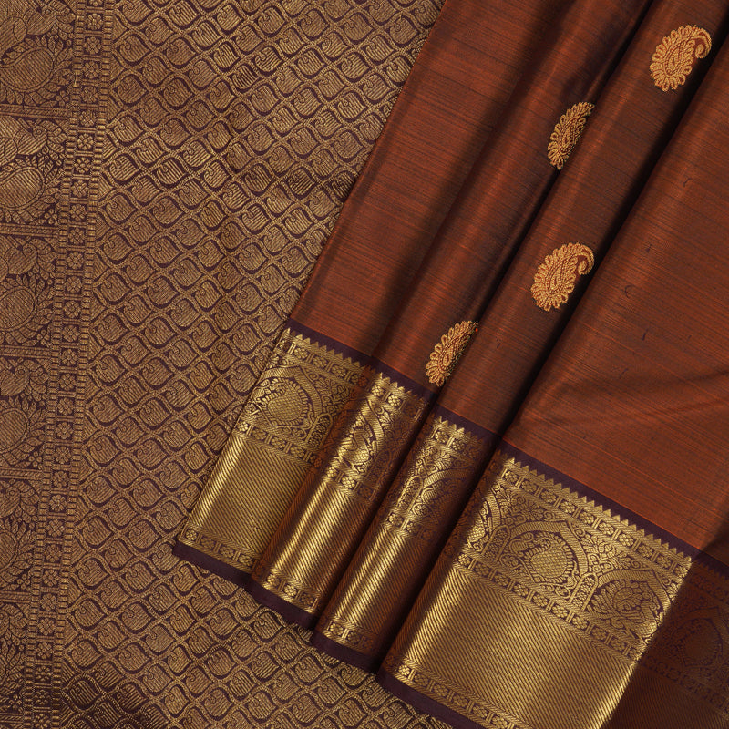 Hayagrivas Handloom Rust Orange Kanjivaram Silk Saree with Deep Plum Border KBE2413C2-1