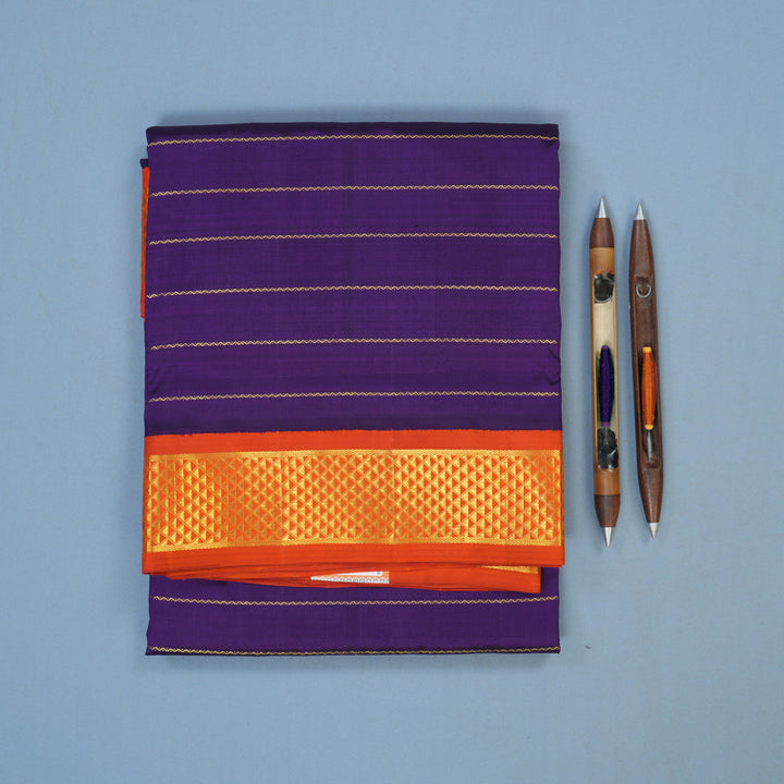 Hayagrivas Handloom Purple Ten Yards Silk Saree with Orange Border KBE2414C5-1