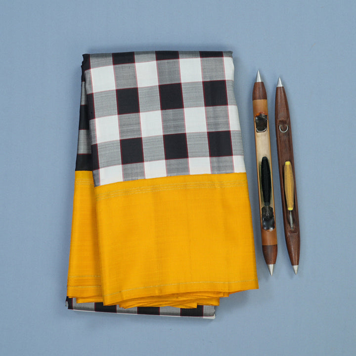 Hayagrivas Handloom Black & White Kanjivaram Silk Saree with Yellow Border KBE2496C1-1