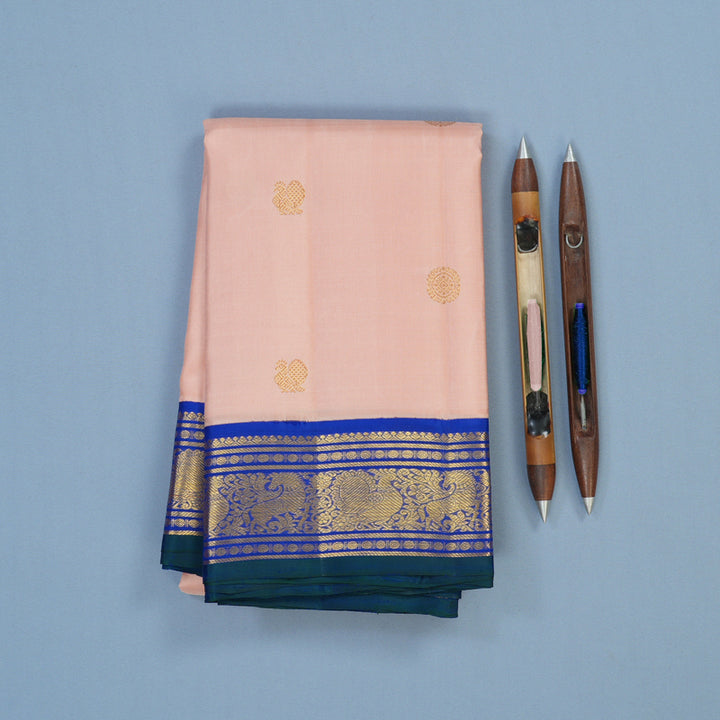 Hayagrivas Handloom Mild Peach Kanjivaram Silk Saree with MS Blue Border KBE2524C3-1