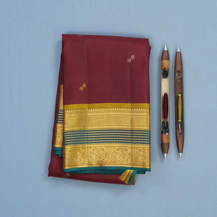 Hayagrivas Handloom Maroon Kanjivaram Silk Saree with Sampanga Yellow Border KBE2417C12-1