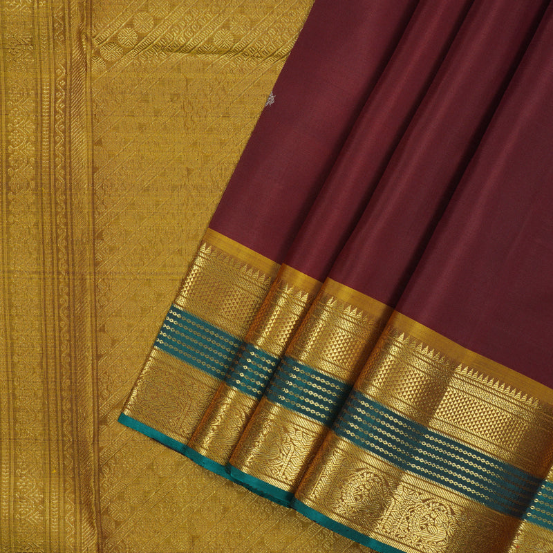 Hayagrivas Handloom Maroon Kanjivaram Silk Saree with Sampanga Yellow Border KBE2417C12-1