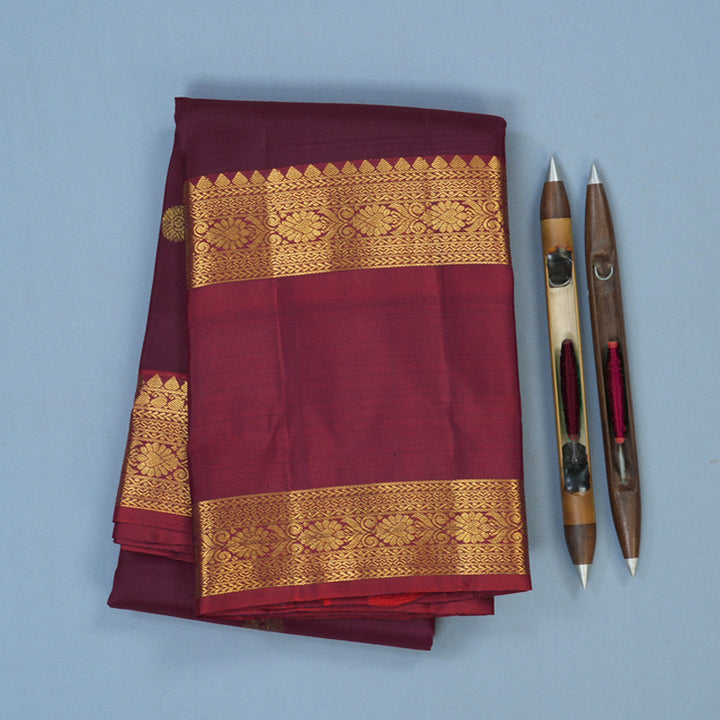 Hayagrivas Handloom Burgundy Kanjivaram Silk Saree with Rusty Red Border KBE2417C13-1