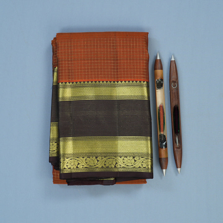 Hayagrivas Handloom Rust Orange Kanjivaram Silk Saree with Kanchana Brown Border KBE2417C18-1