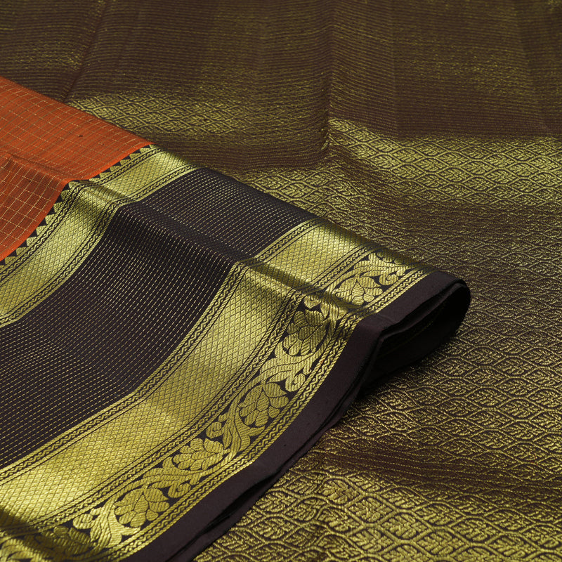 Hayagrivas Handloom Rust Orange Kanjivaram Silk Saree with Kanchana Brown Border KBE2417C18-1