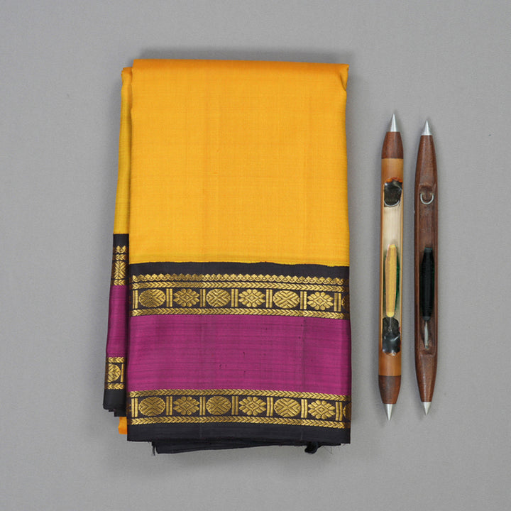 Hayagrivas Handloom Yellow Kanjivaram Silk Saree with Magenta Border KBE2418C1-1