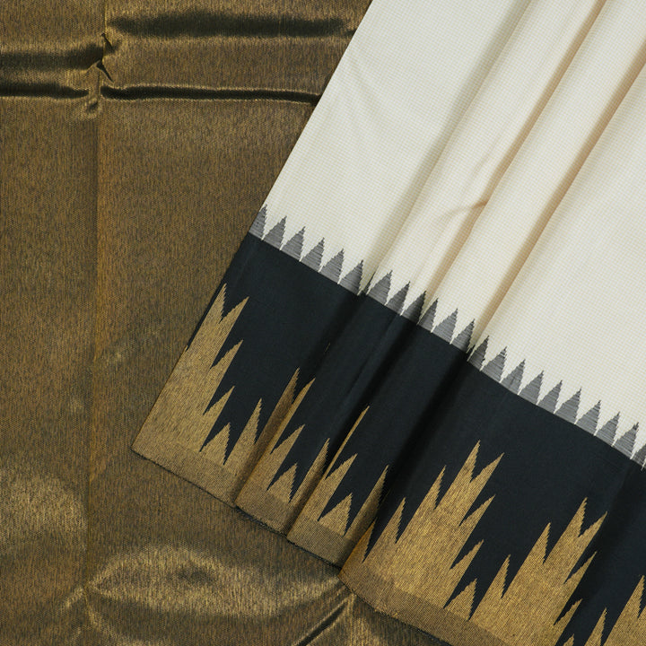 Hayagrivas Handloom Half-White Kanjivaram Silk Saree with Black Border KBE2419C1-1
