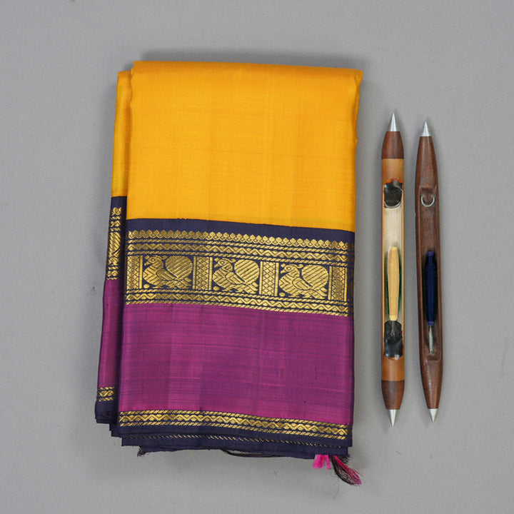 Hayagrivas Handloom Yellow Kanjivaram Silk Saree with Purple Border KBE2422C1-1