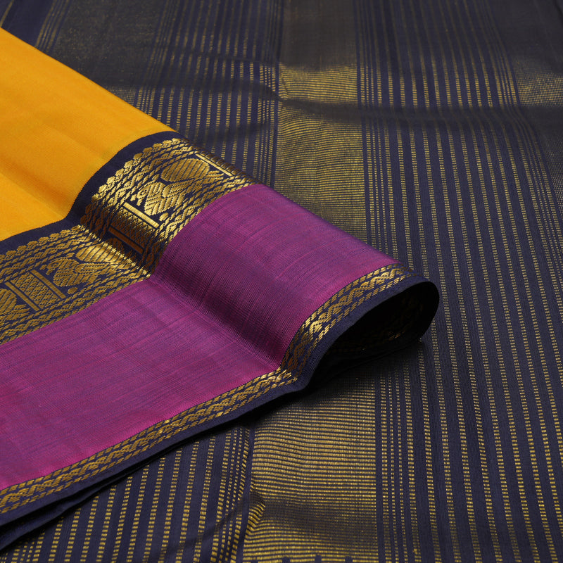 Hayagrivas Handloom Yellow Kanjivaram Silk Saree with Purple Border KBE2422C1-1