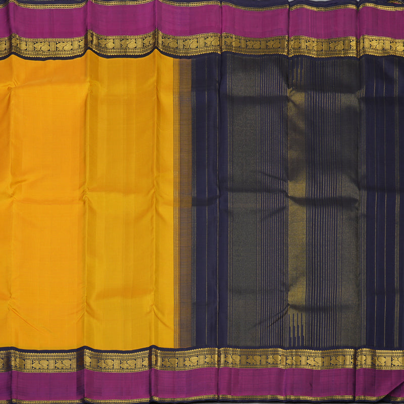 Hayagrivas Handloom Yellow Kanjivaram Silk Saree with Purple Border KBE2422C1-1