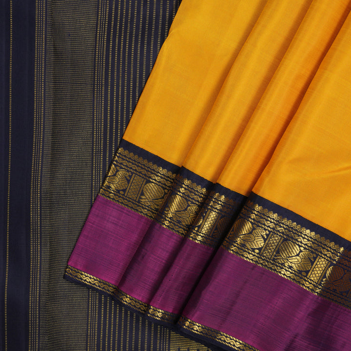 Hayagrivas Handloom Yellow Kanjivaram Silk Saree with Purple Border KBE2422C1-1