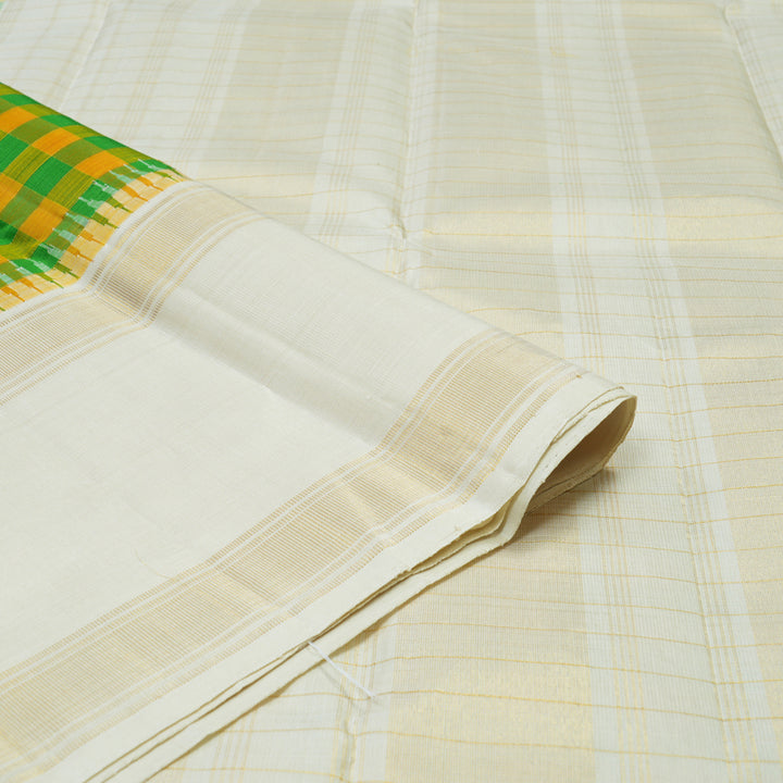 Hayagrivas Handloom Green & Yellow Checks Kanjivaram Silk Saree with Half-White Border KBE2423C16-1