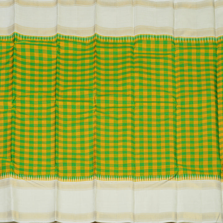 Hayagrivas Handloom Green & Yellow Checks Kanjivaram Silk Saree with Half-White Border KBE2423C16-1
