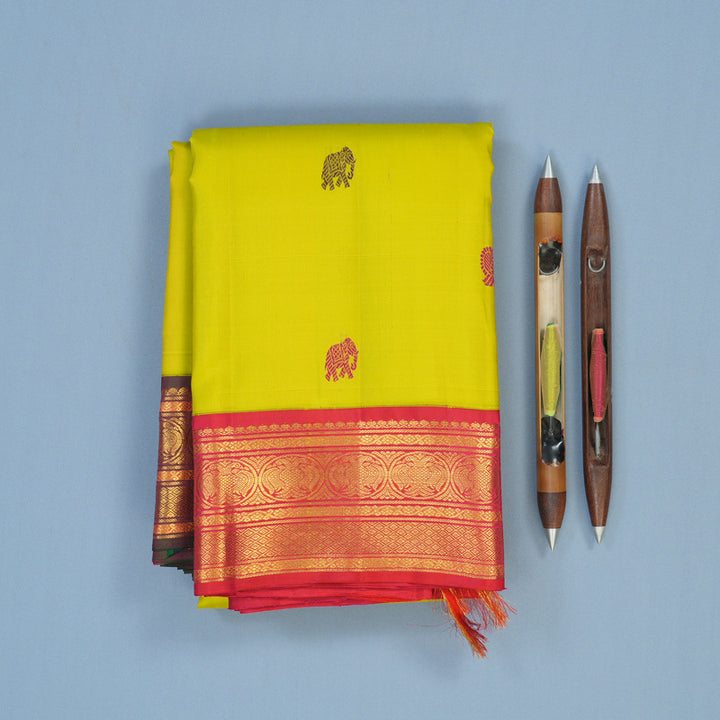Hayagrivas Handloom Lime Green Kanjivaram Silk Saree with Ganga Jamuna Border KBE2423C2-1
