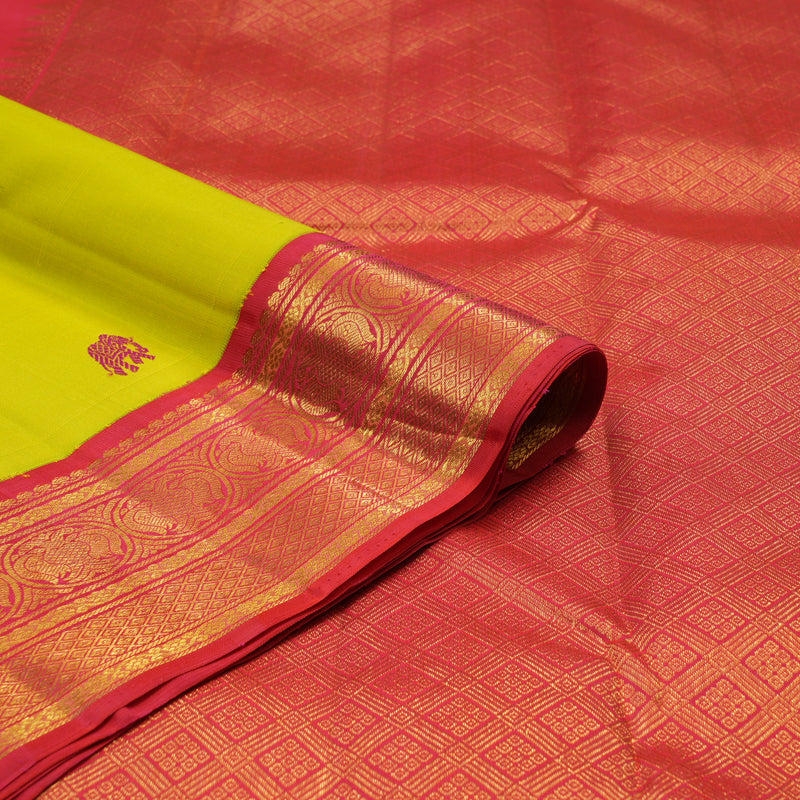 Hayagrivas Handloom Lime Green Kanjivaram Silk Saree with Ganga Jamuna Border KBE2423C2-1