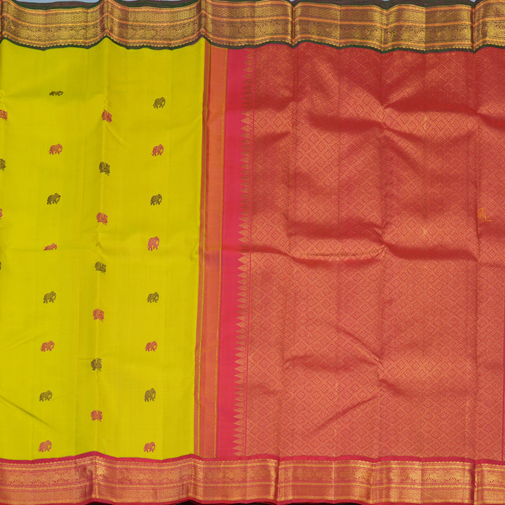 Hayagrivas Handloom Lime Green Kanjivaram Silk Saree with Ganga Jamuna Border KBE2423C2-1