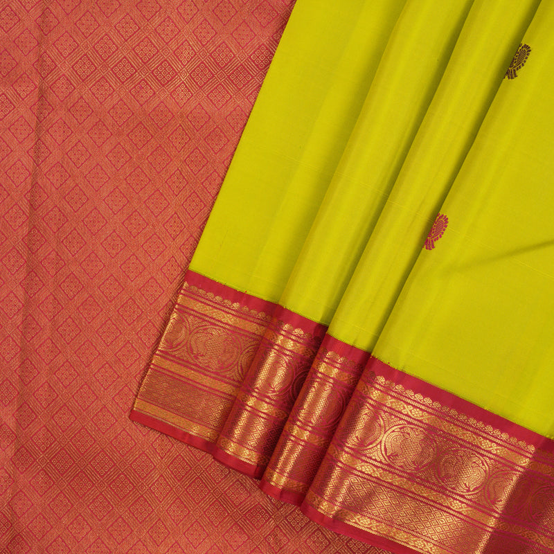 Hayagrivas Handloom Lime Green Kanjivaram Silk Saree with Ganga Jamuna Border KBE2423C2-1